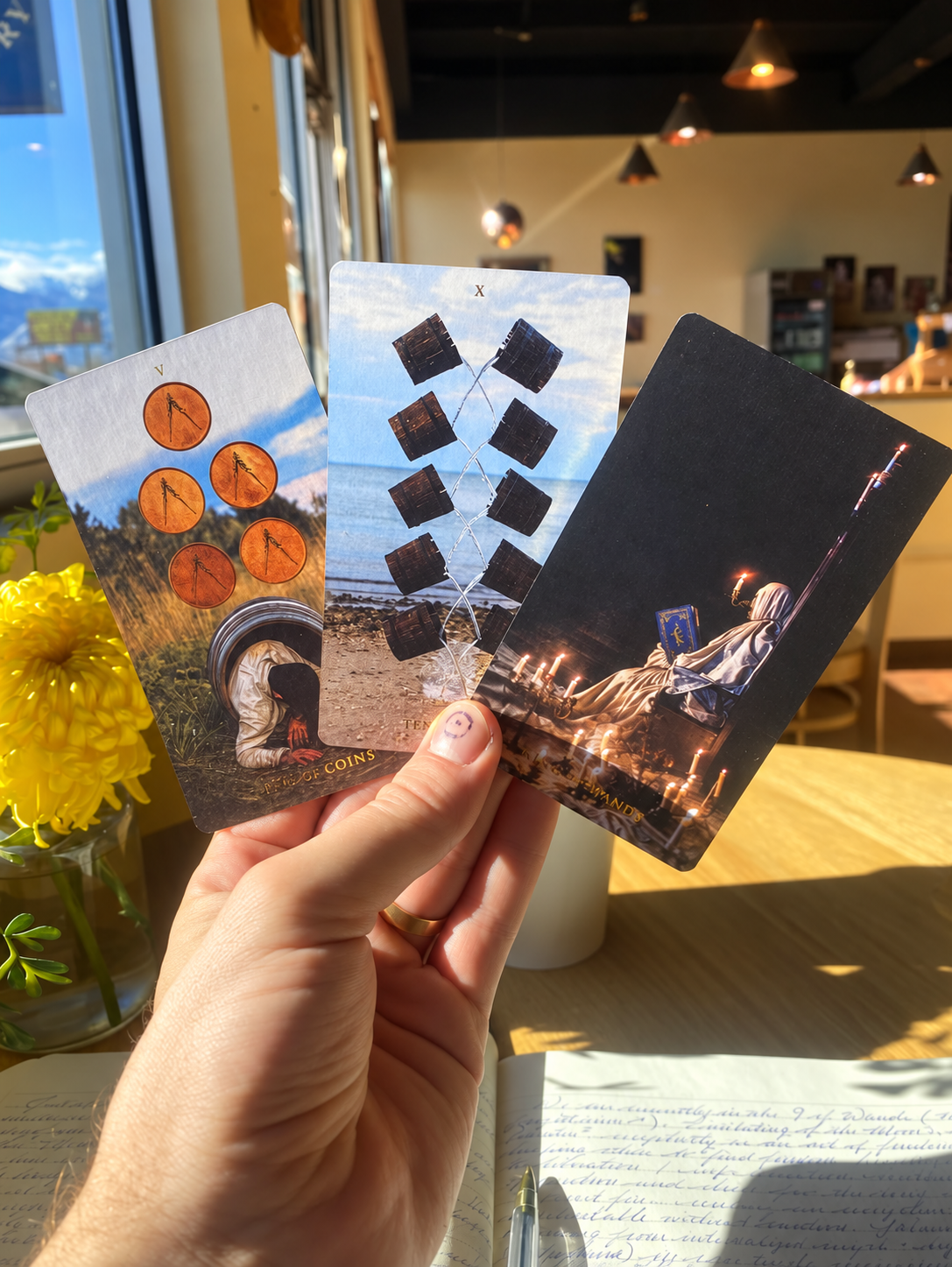 Tarot cards and a journal in warm natural light